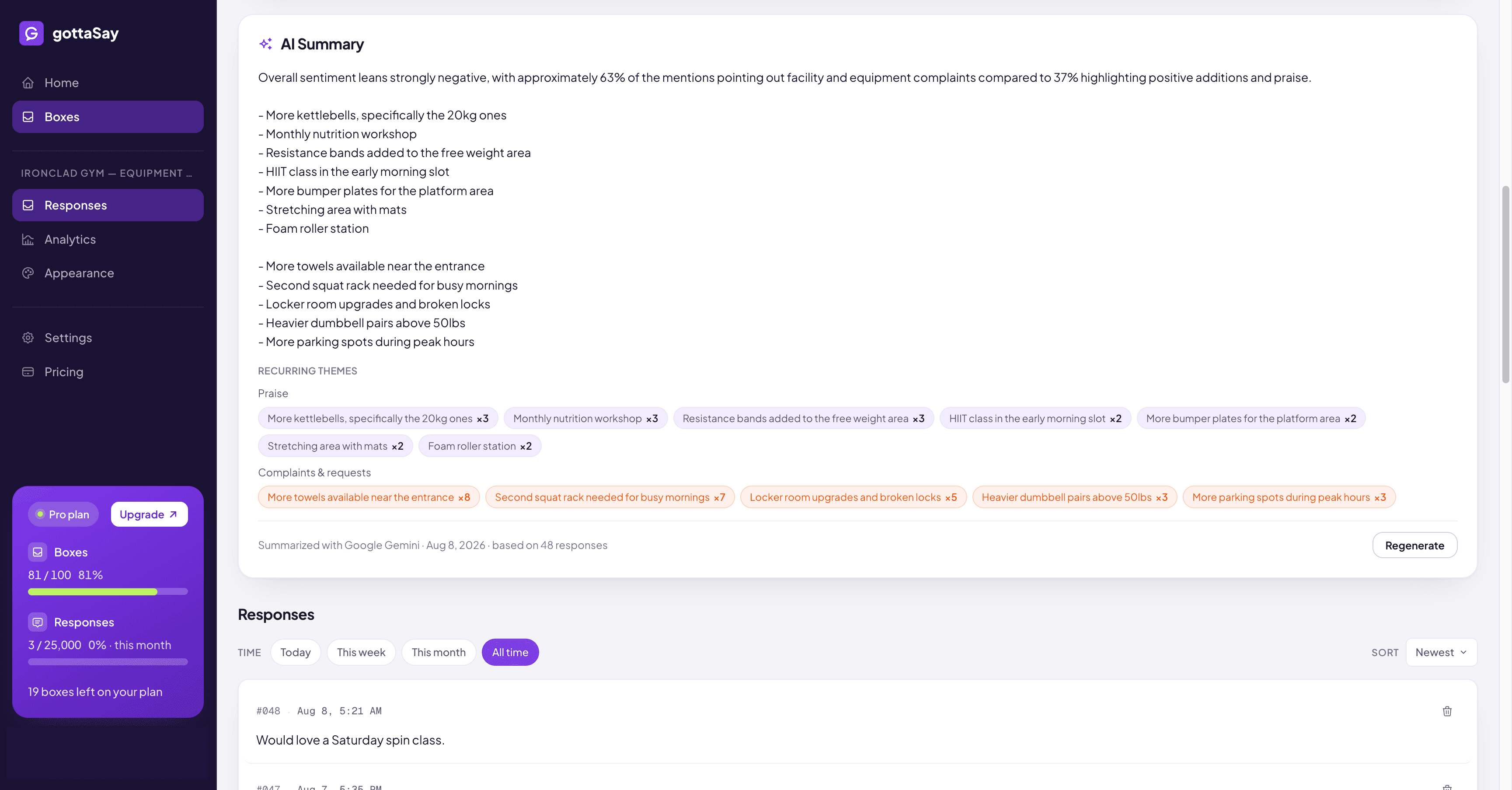 An AI-generated summary of suggestion box responses with recurring themes