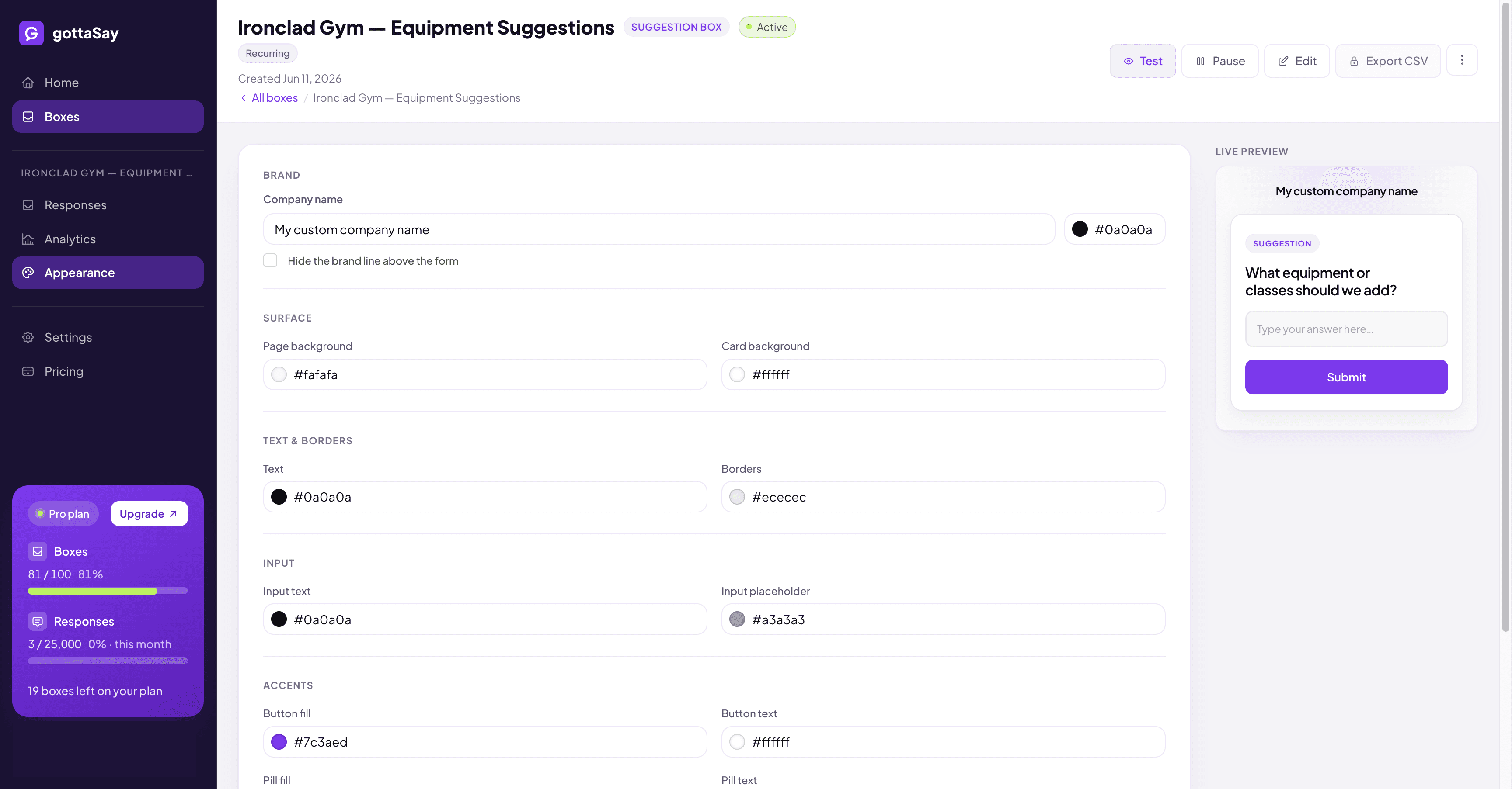 The appearance editor with brand colors on the left and a live preview of the response form on the right
