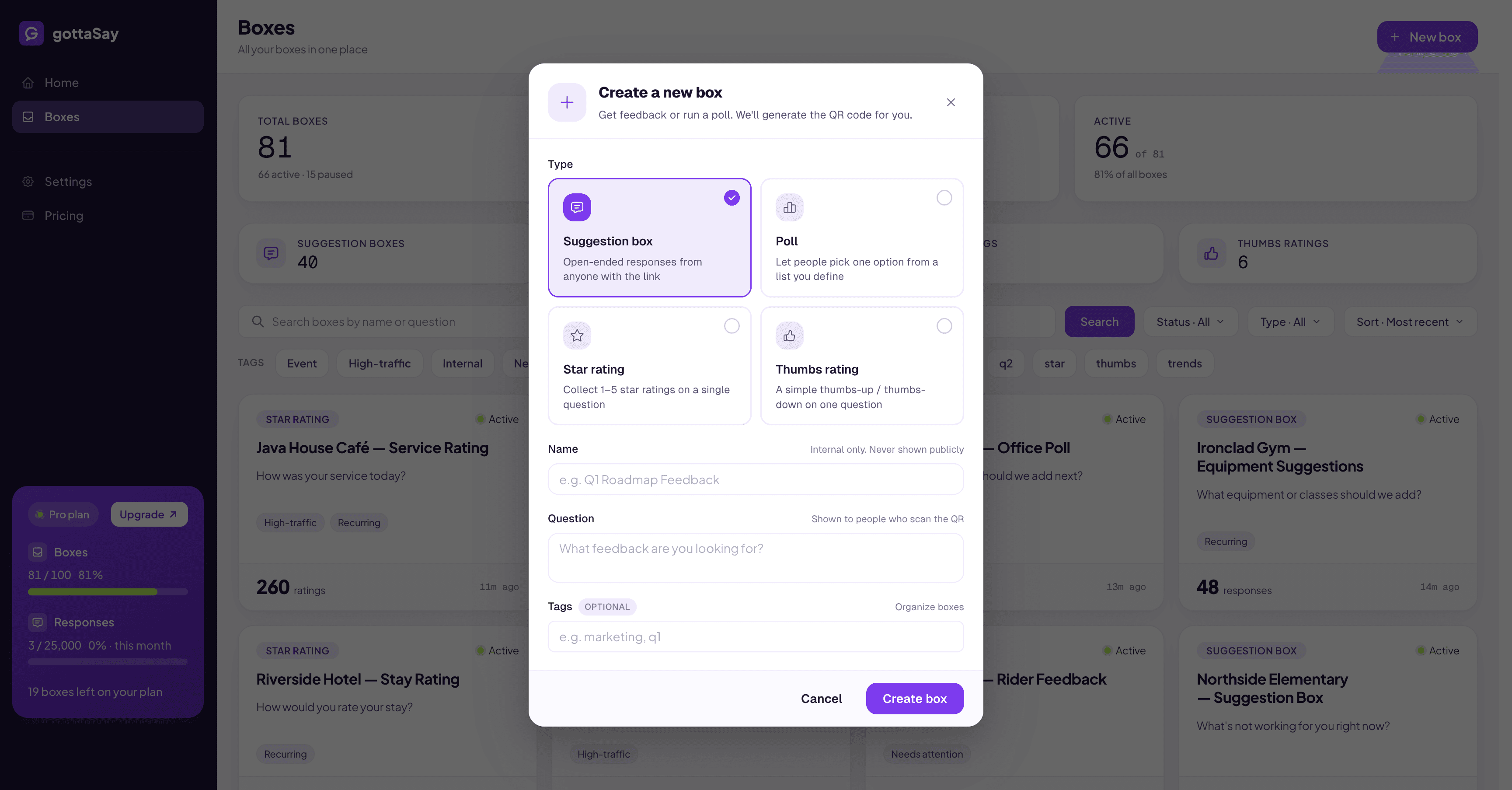 The new box dialog with suggestion box, poll, star rating, and thumbs rating types